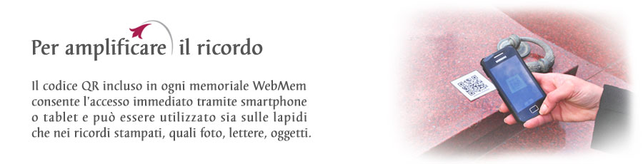 Il codice QR incluso in ogni memoriale WebMem consente l'accesso immediato tramite smartphone o tablet e può essere utilizzato sia sulle lapidi che nei ricordi stampati, quali foto, lettere, oggetti.